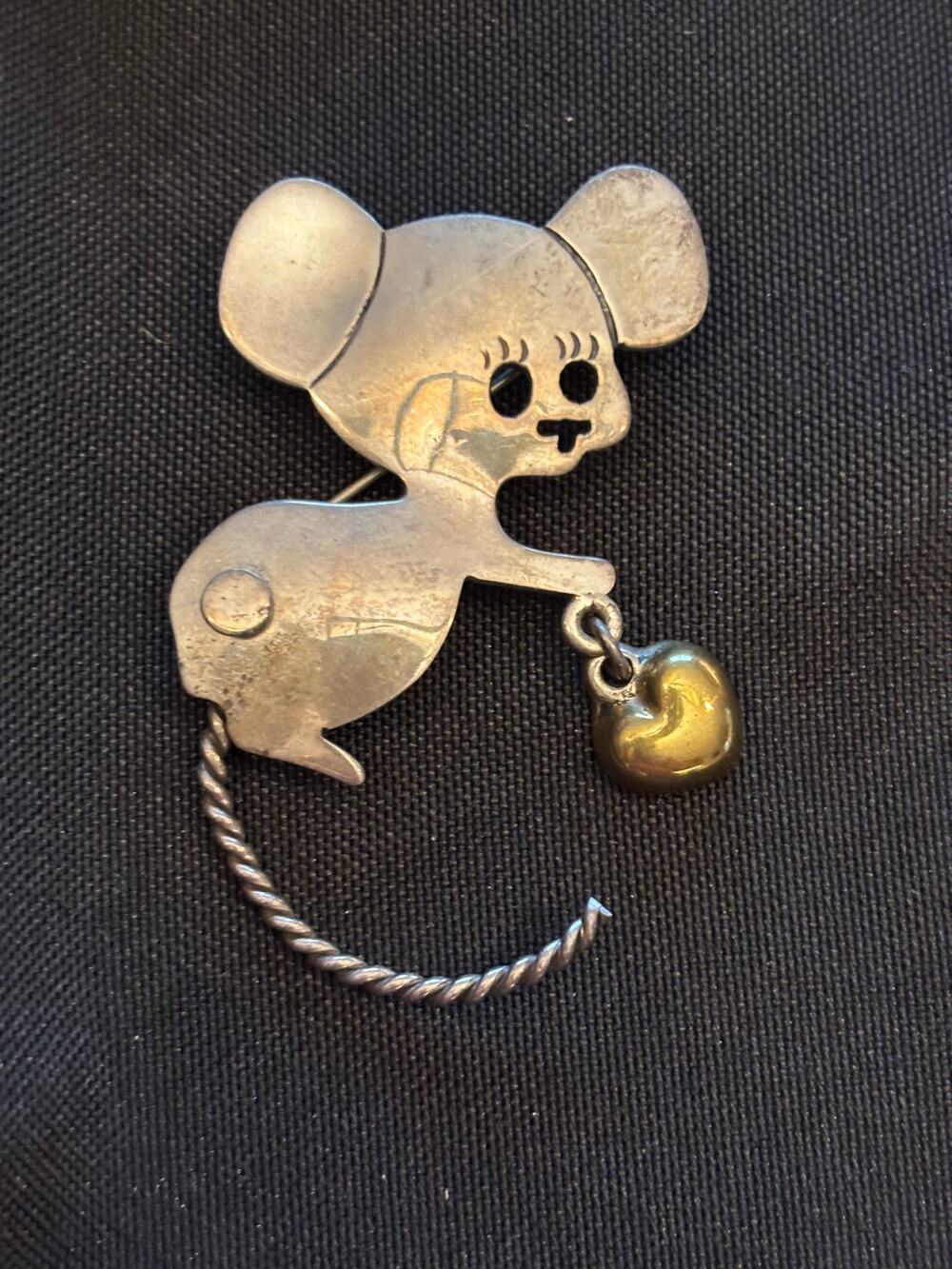 Vintage Sterling Silver Handmade Mexico Mouse Moving Tail Brooch 3D 20g TM-20